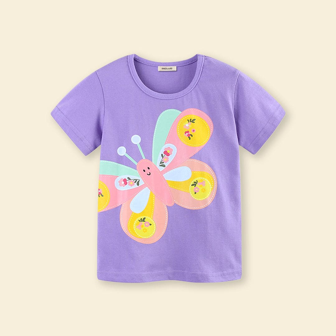 Girls Butterfly Print Short Sleeves T-shirt Tshirts   