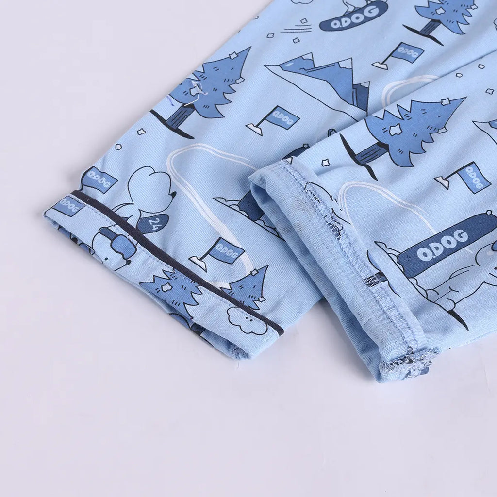 Girls Blue Printed Short Sleeve Shirt With Elasticated Pants Sets Sets