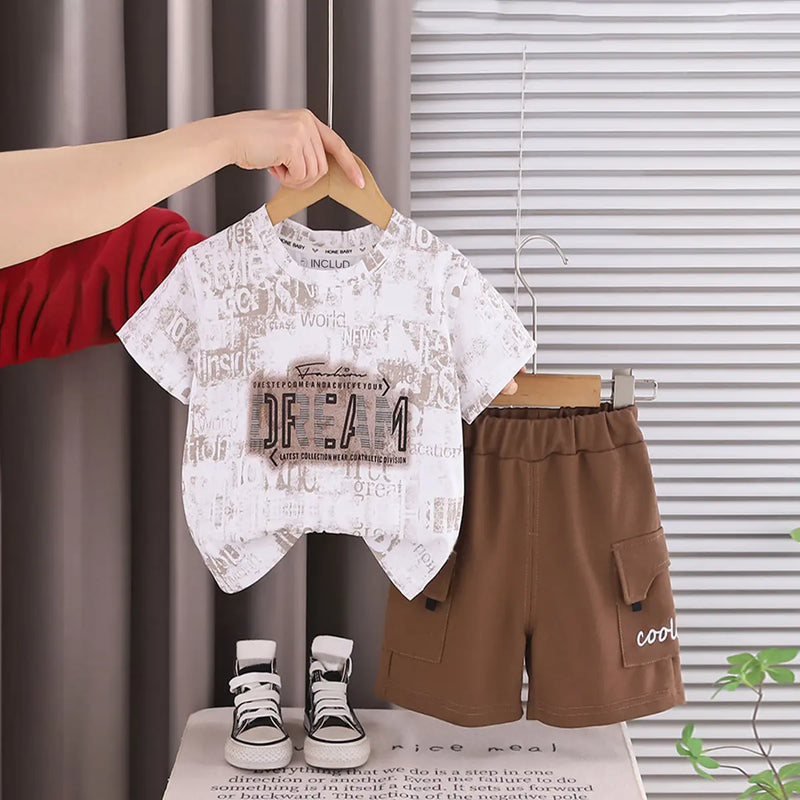 Boys Brown Printed Short Sleeve T-Shirt With Elasticated Shorts Sets 2 pc. Sets Brown 1-2 Y