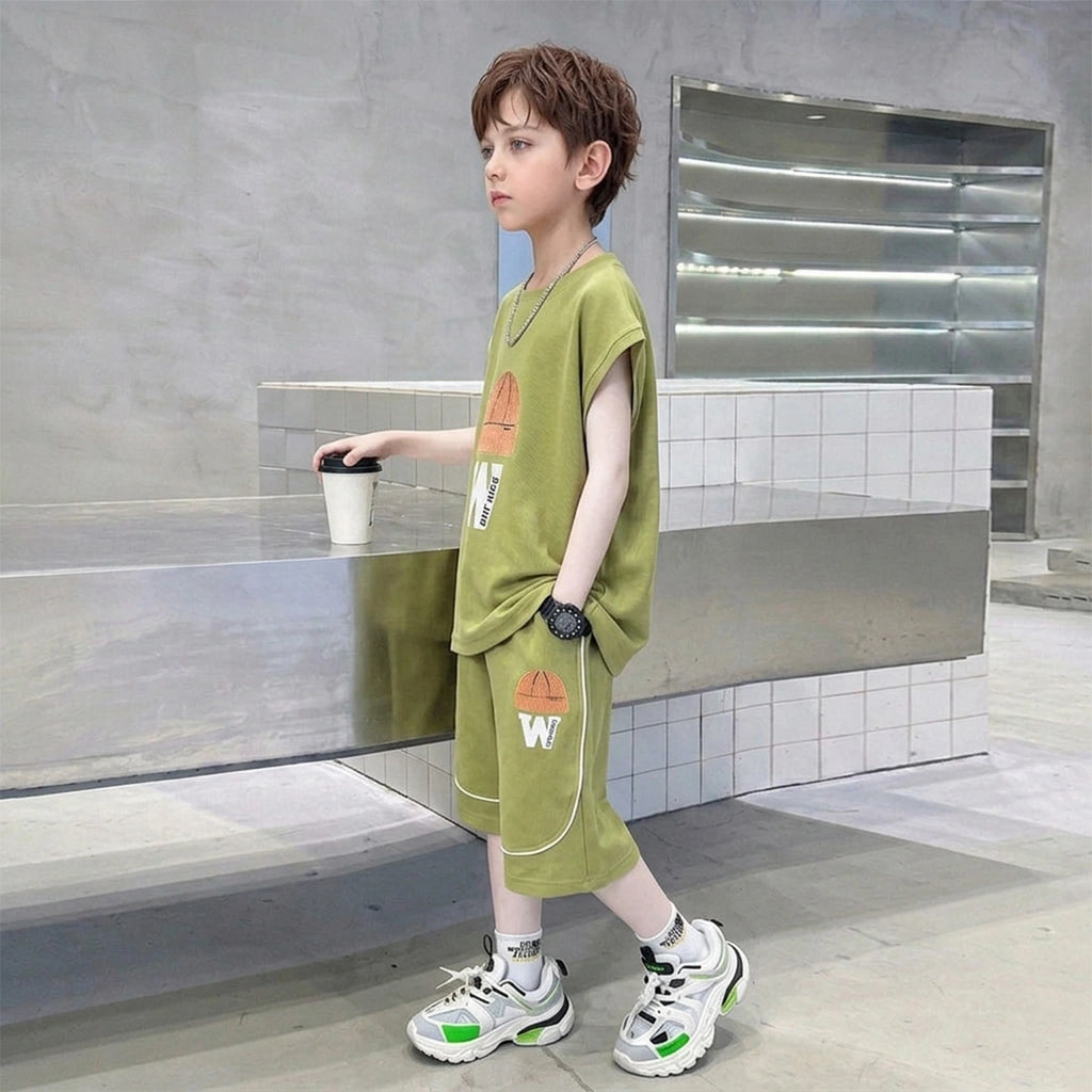 Boys Olive Green Graphic Sleeveless T-Shirt With Elasticated Long Shorts Sets Sets