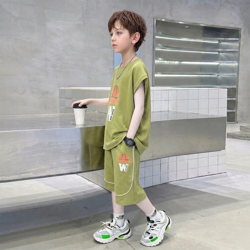 Boys Olive Green Graphic Sleeveless T-Shirt With Elasticated Long Shorts Sets Sets