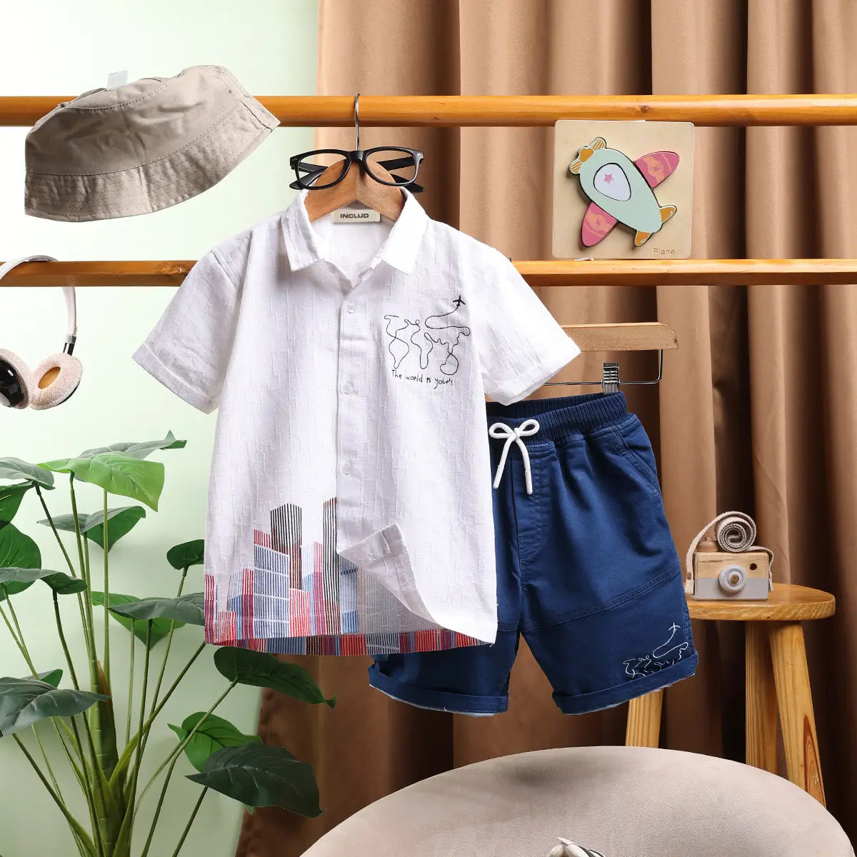 Boys White Abstract Printed Shirt With Elasticated Shorts Sets 2 pc. Sets White 9-12 M
