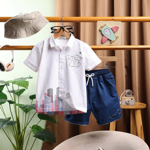 Boys White Abstract Printed Shirt With Elasticated Shorts Sets 2 pc. Sets White 9-12 M