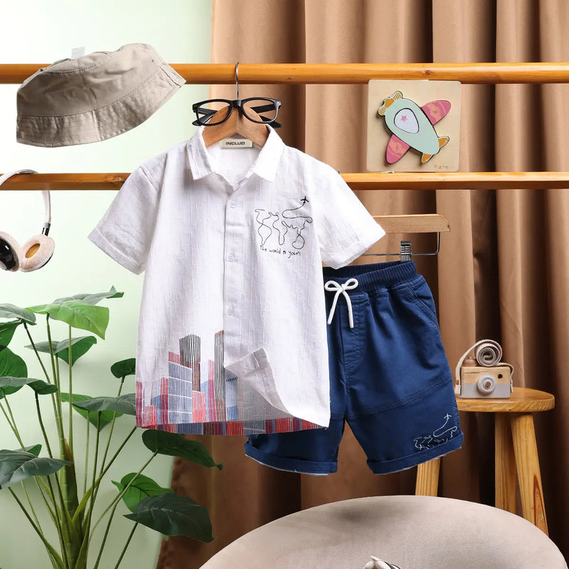 Boys White Abstract Printed Shirt With Elasticated Shorts Sets 2 pc. Sets White 9-12 M
