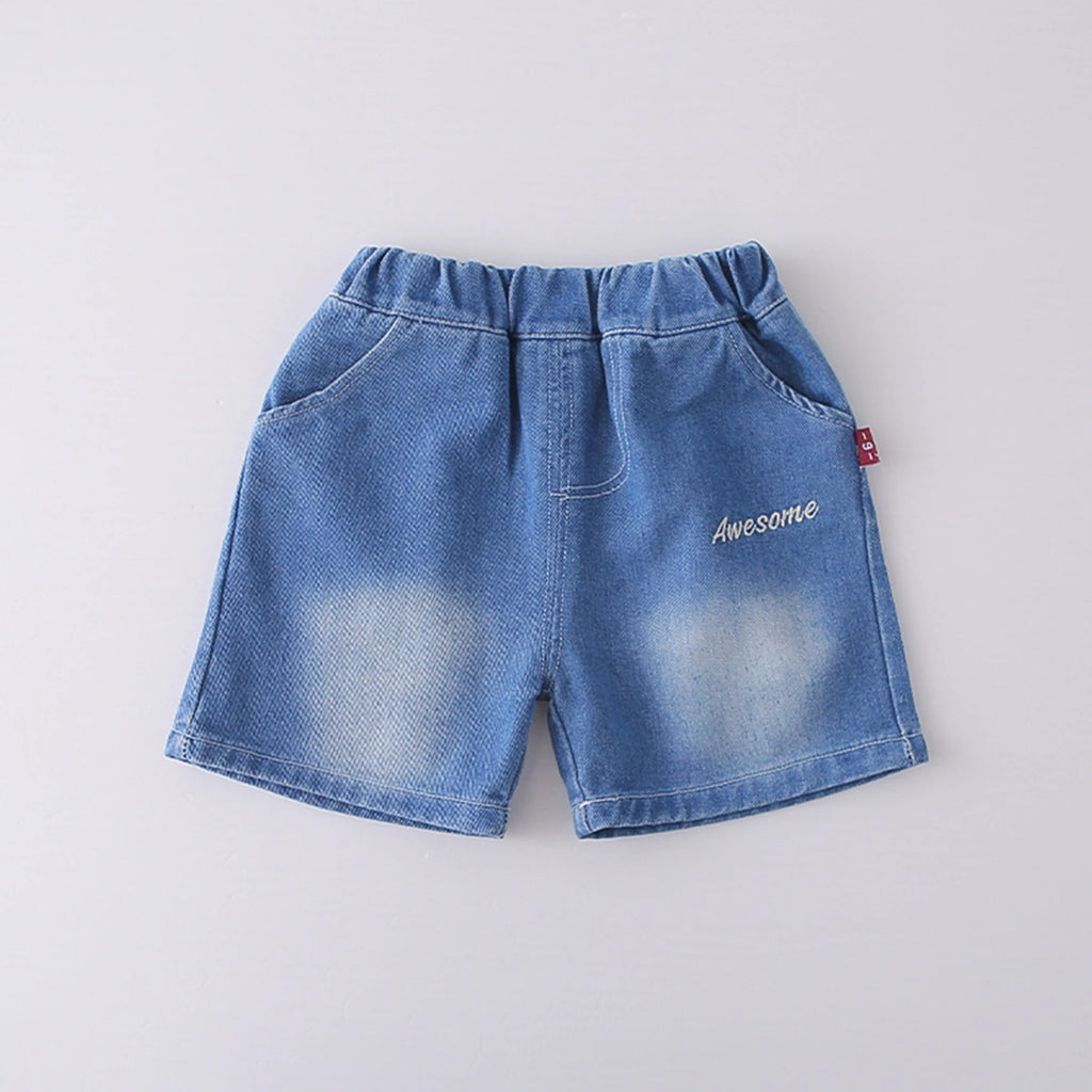 Boys Light Brown Typographic Print T-Shirt With Denim Shorts Set Sets