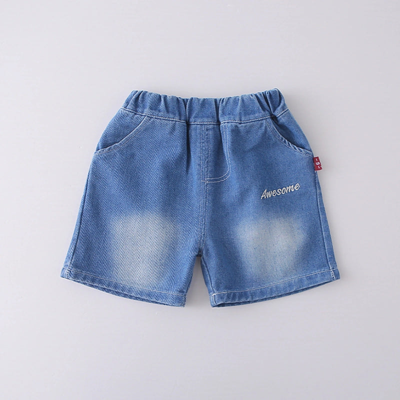 Boys Light Brown Typographic Print T-Shirt With Denim Shorts Set Sets
