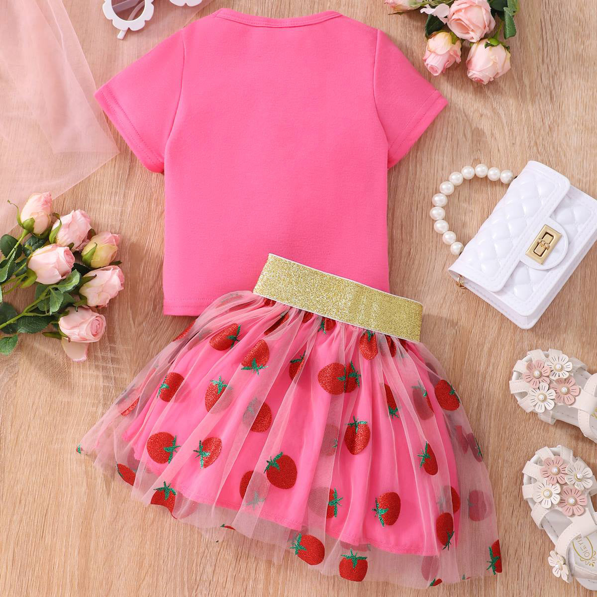 Girls Fuchsia Printed Top with Glitter Strawberry Tulle Skirt Set Sets