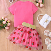 Girls Fuchsia Printed Top with Glitter Strawberry Tulle Skirt Set Sets