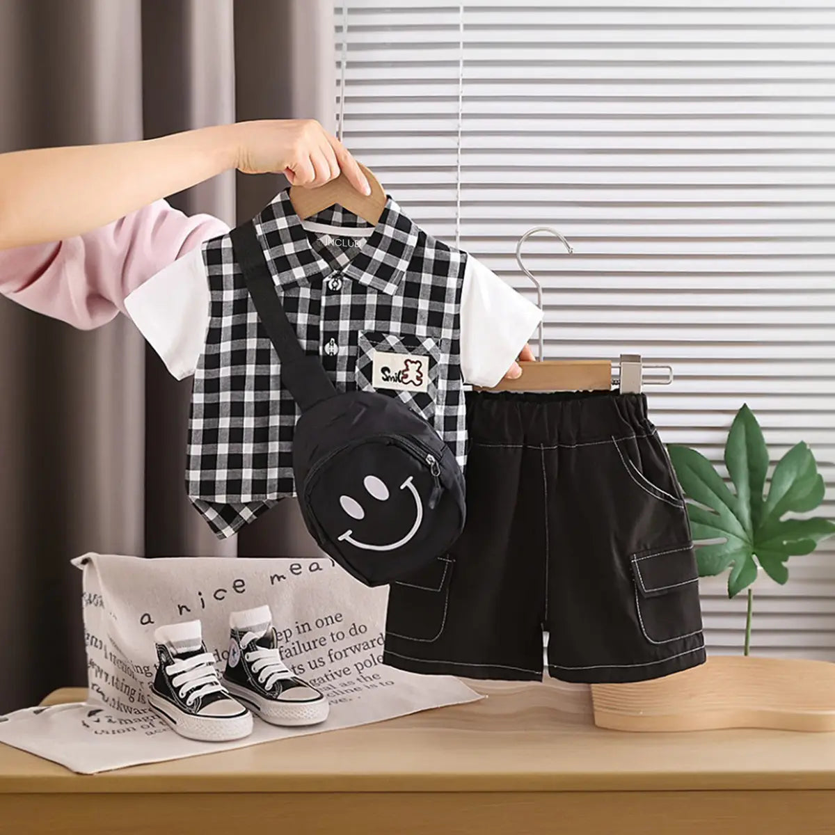 Boys Black Checked Shirt With Cargo Shorts Sets Sets Black 1-2 Y
