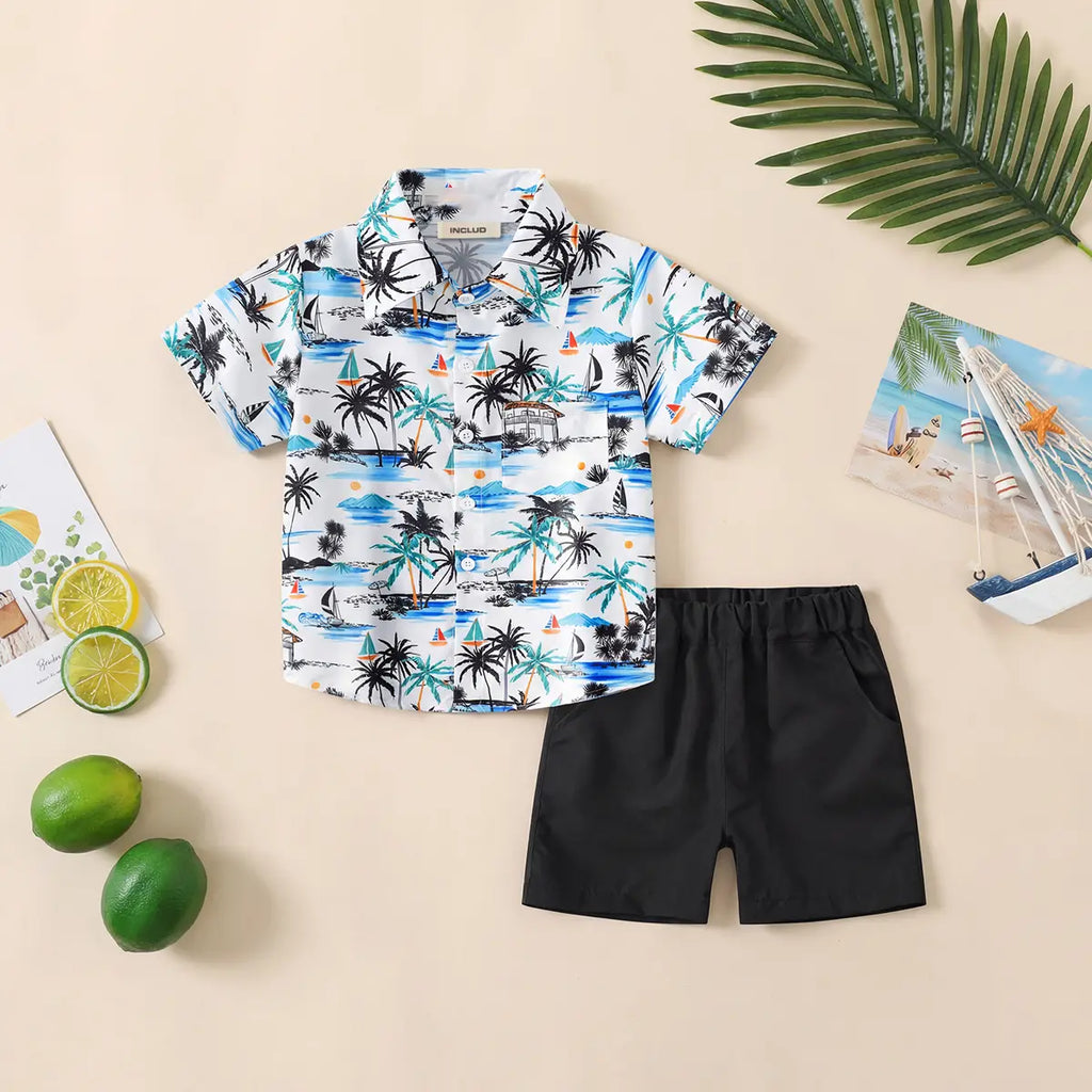 Boys White Tropical Print Short Sleeves Button-Down Shirt With Shorts Set Sets White 1-2 Y