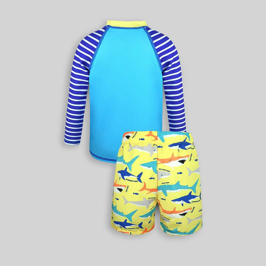 Boys Light Blue Fish Printed Long Sleeves T-Shirt & Shorts Swimsuit Sets Sets