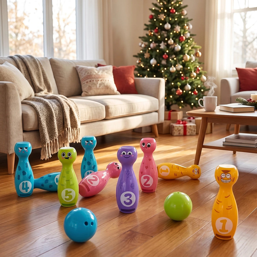 Colorful numbered bowling pins and balls for kids activity game