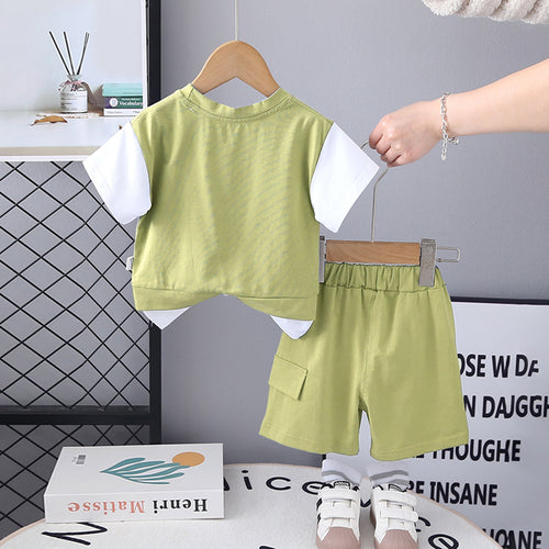 Boys Green Colorblocked Typographic Printed T-Shirt With Shorts Set 2 pc. Sets