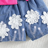 Girls Fuchsia Bow Crop Top With Floral Embroidered Denim Shorts Sets Sets