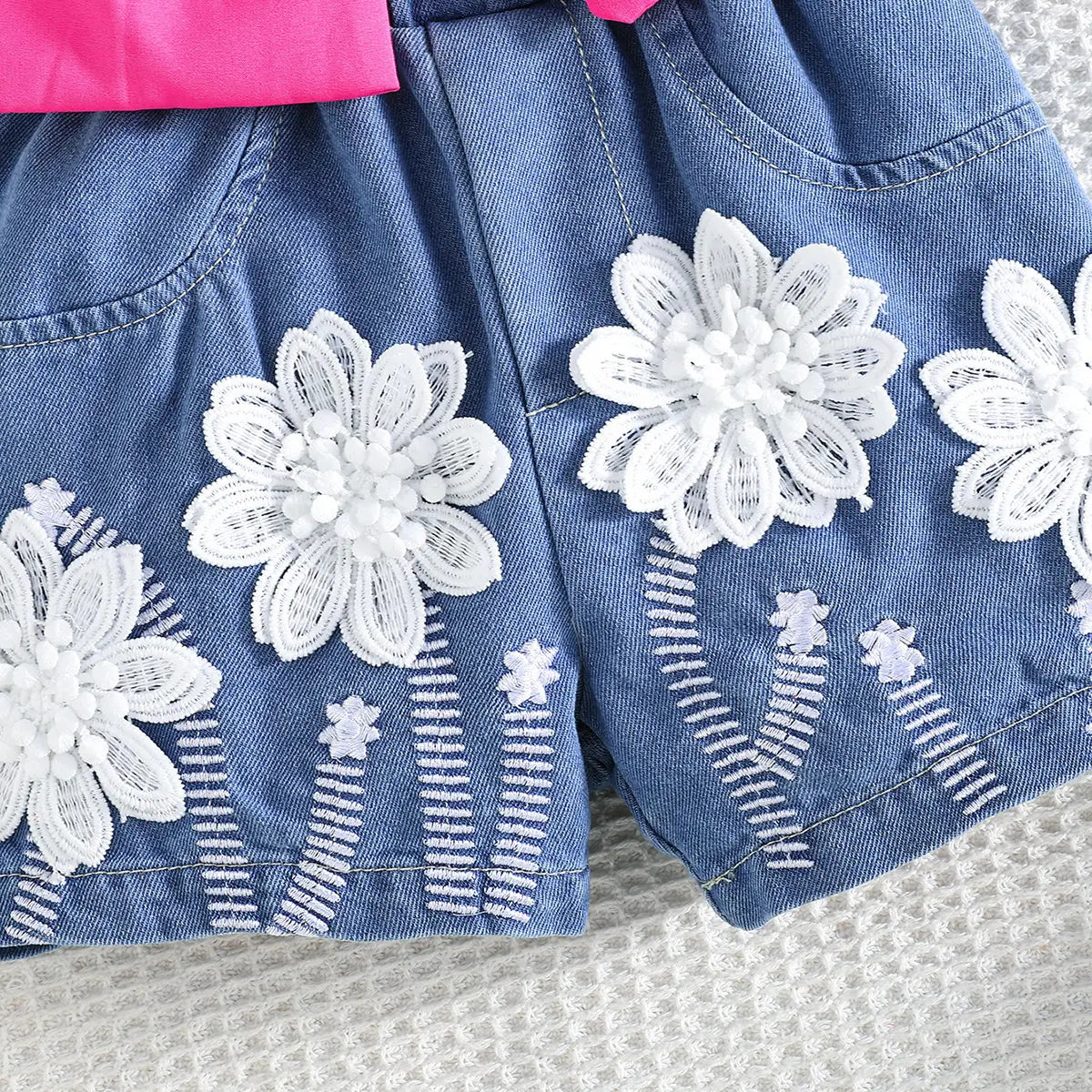 Girls Fuchsia Bow Crop Top With Floral Embroidered Denim Shorts Sets Sets