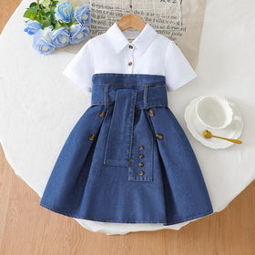 Girls Blue Short Sleeves Shelf Belted Shirt Dress Casual Dresses Blue 3-4 Y