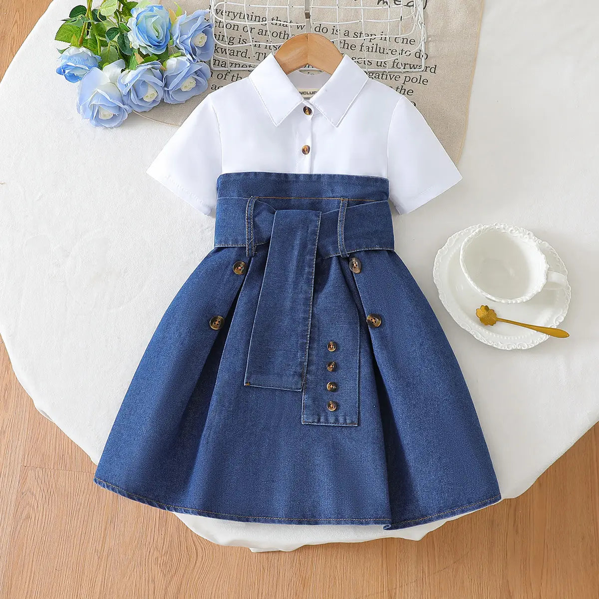 Girls Blue Short Sleeves Shelf Belted Shirt Dress Casual Dresses Blue 3-4 Y