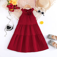 Girls Maroon Texture Panelled Halter Neck A-line Dress Casual Dresses