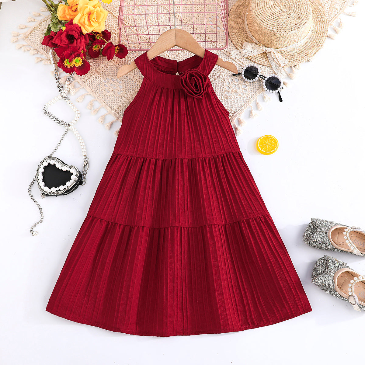 Girls Maroon Texture Panelled Halter Neck A-line Dress Casual Dresses