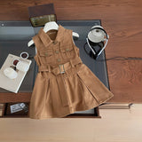 Girls Brown Sleeveless Belted Denim Shirt Dress