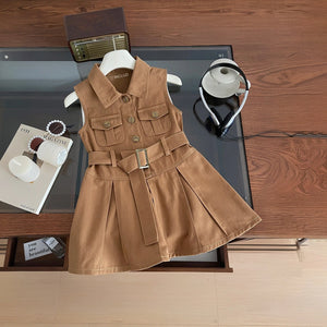 Girls Brown Sleeveless Belted Denim Shirt Dress Casual Dresses Brown 1-2 Y