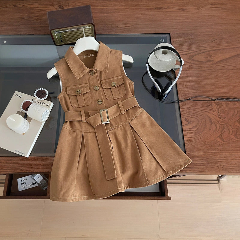 Girls Brown Sleeveless Belted Denim Shirt Dress Casual Dresses Brown 1-2 Y