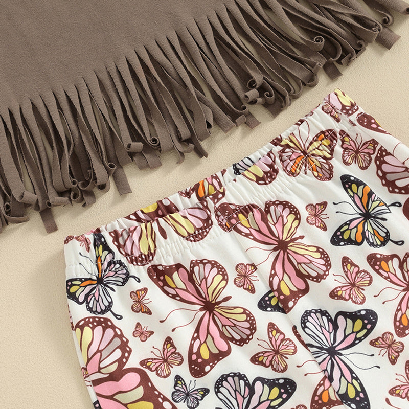 Girls Fringe T-shirt With Butterfly Print Flared Pants Set Sets   