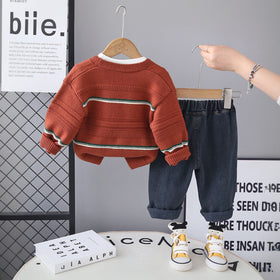 Boys Red Self-Design Cardigan With T-Shirt and Denim Pants set Sets