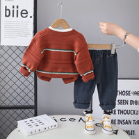 Boys Red Self-Design Cardigan With T-Shirt and Denim Pants set Sets