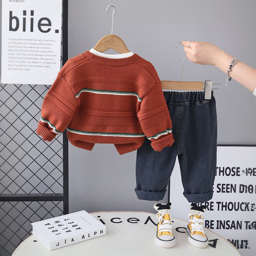 Boys Red Self-Design Cardigan With T-Shirt and Denim Pants set Sets