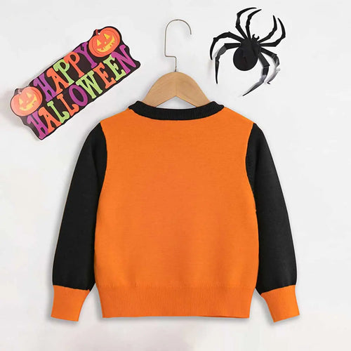Boys Orange Sweater With Self-Design Halloween-Themed Pattern Sweaters & Cardigans