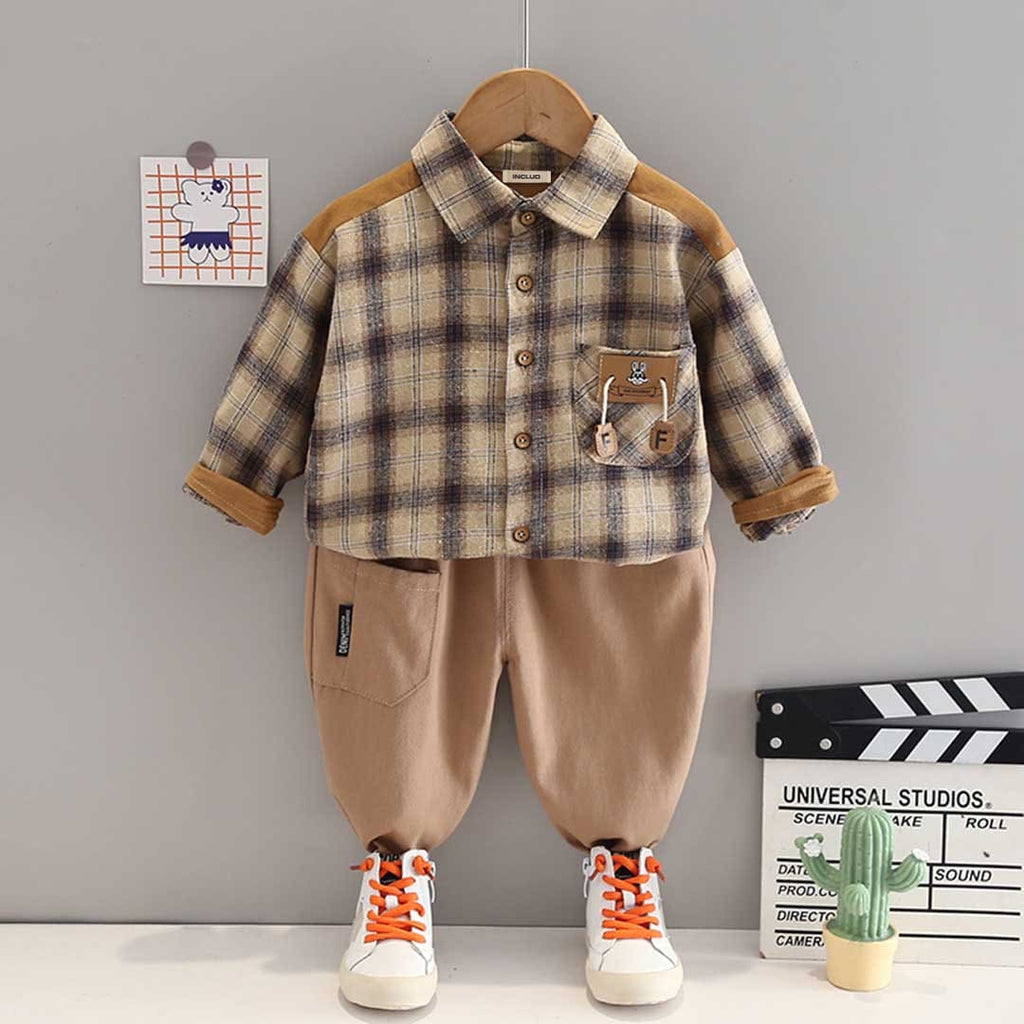 Boys Long Sleeve Plaid Shirt With Trousers Set