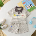 Boys Grey Dinosaur Striped Polo T-shirt with Shorts Set Sets Grey 1-2 Y