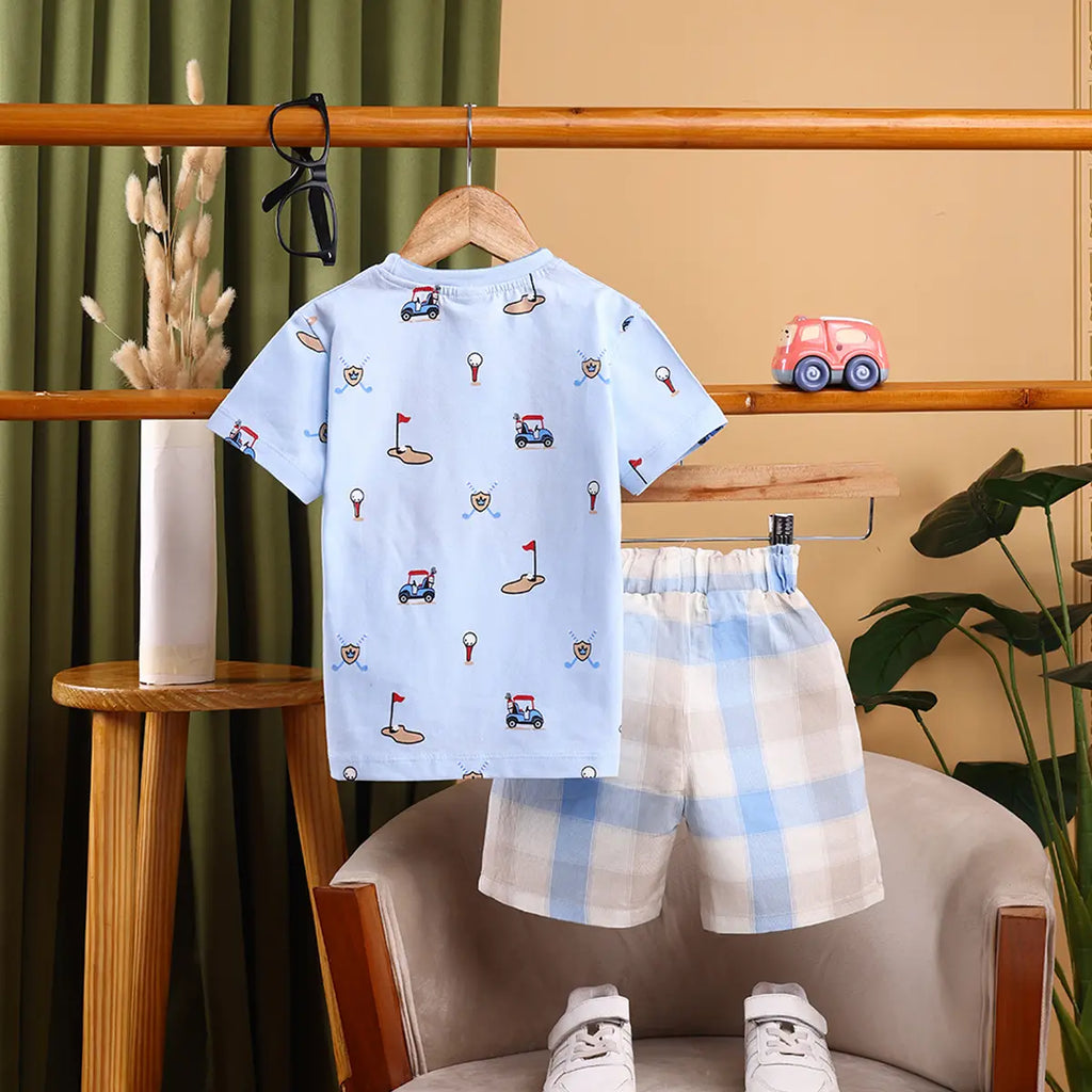 Boys Sky Blue Golf Print Short Sleeve T-Shirt With Checked Shorts Sets Sets