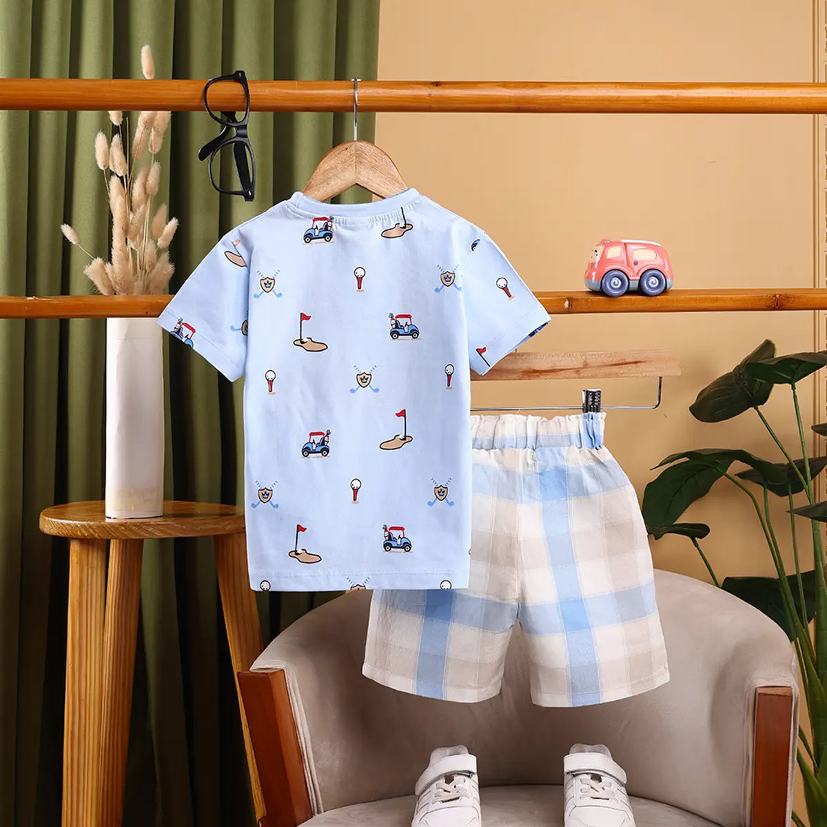 Boys Sky Blue Golf Print Short Sleeve T-Shirt With Checked Shorts Sets Sets