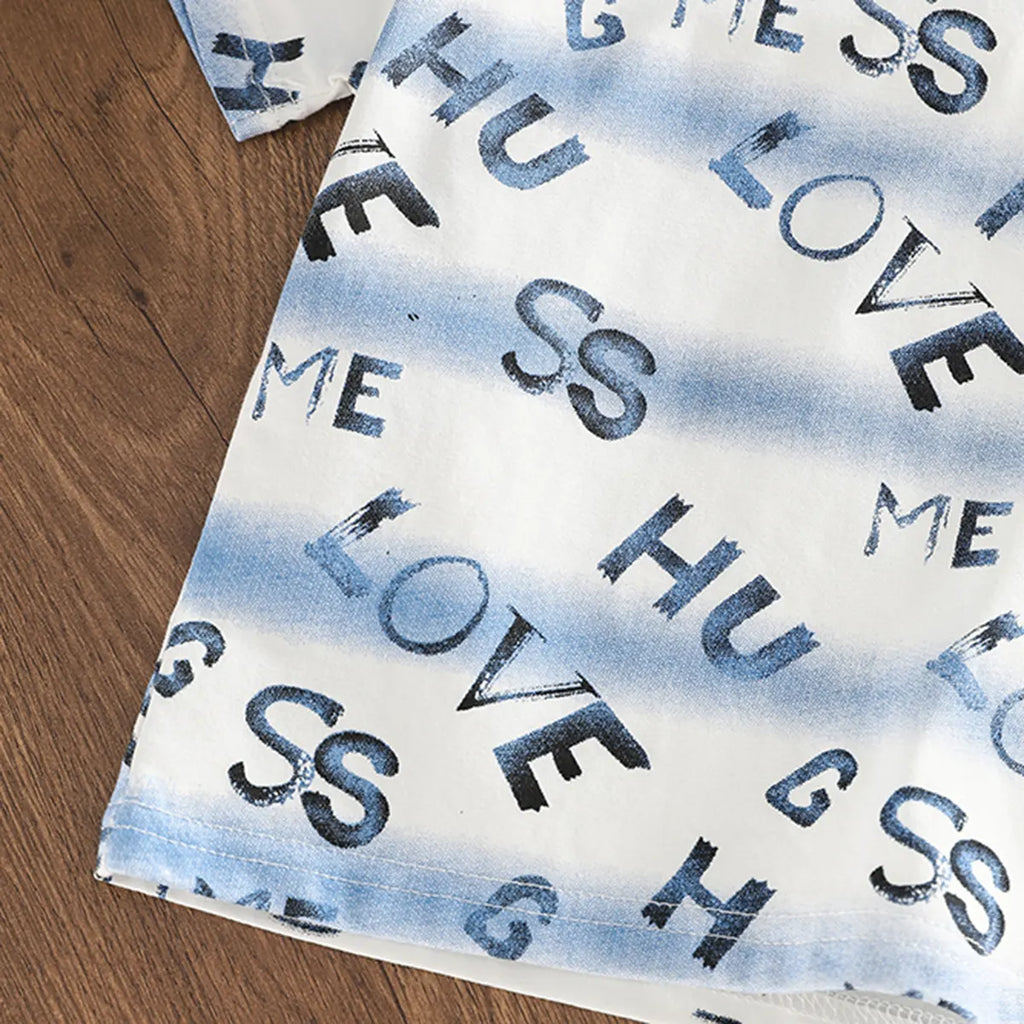 Boys Blue Typographic Print T-Shirt With Denim Shorts Set Sets