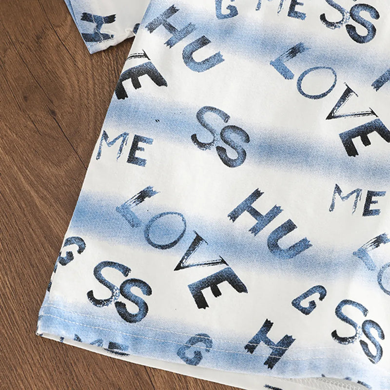 Boys Blue Typographic Print T-Shirt With Denim Shorts Set Sets