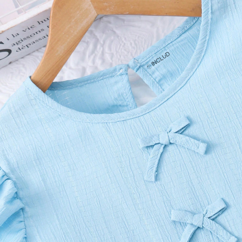 Girls Sky Blue Bow Applique Peplum Top & Pants Co-ord Sets Sets