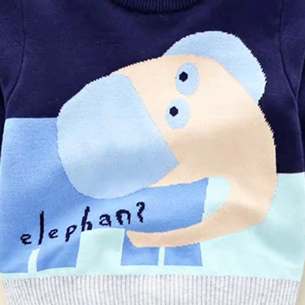 Boys Navy Blue Self-Design Elephant Pattern Knitted Sweater Sweaters & Cardigans