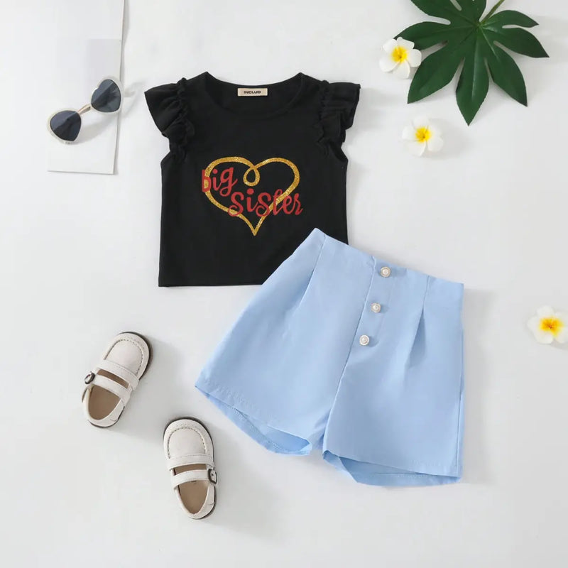 Girls Typographic Printed Top With Sky Blue Shorts Set Sets Sky Blue 3-4 Y