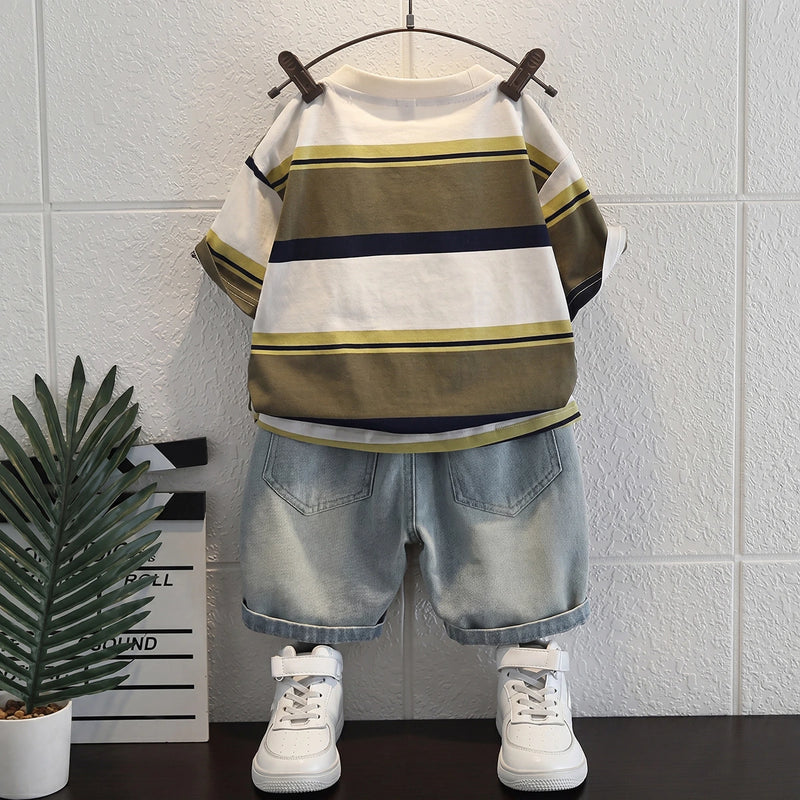 Boys Multicolour Typography print Short Sleeve T-Shirt With Denim Shorts Sets 2 pc. Sets