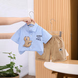 Boys Light Blue Cat Appliqued Short Sleeves Shirt With Shorts Set