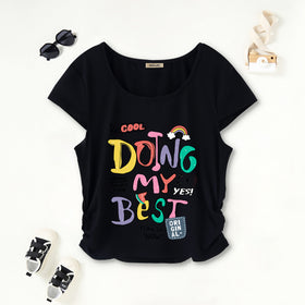 Girls Black Typographic Print Short Sleeves Scoop Neck T-Shirt Tshirts Black 7-8 Y