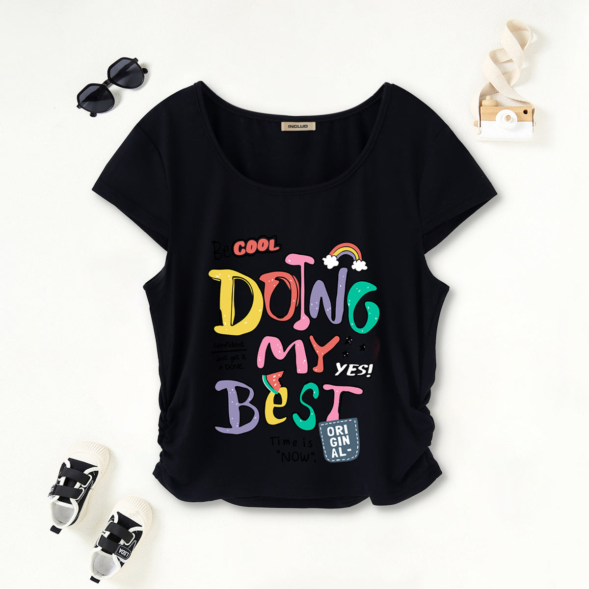Girls Black Typographic Print Short Sleeves Scoop Neck T-Shirt Tshirts Black 7-8 Y