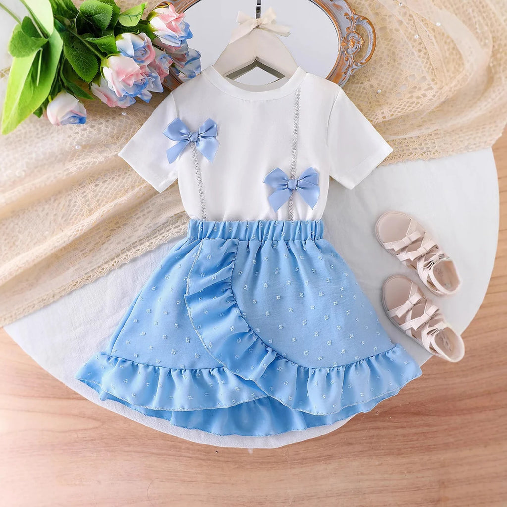 Girls White Bow Applique Short Sleeve Top With Skirt Sets 2 pc. Sets White 3-4 Y
