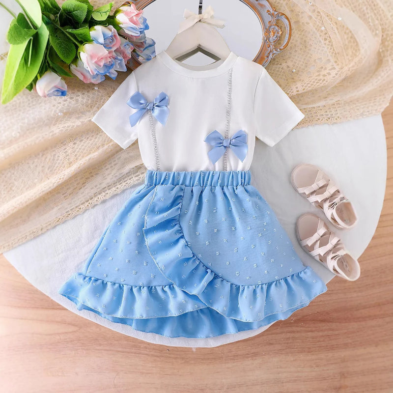 Girls White Bow Applique Short Sleeve Top With Skirt Sets 2 pc. Sets White 3-4 Y