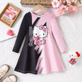 Girls Pink Cat Cartoon Printed Long Sleeves Fit & Flare Dress Casual Dresses Pink 3-4 Y