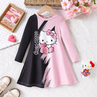 Girls Pink Cat Cartoon Printed Long Sleeves Fit & Flare Dress Casual Dresses Pink 3-4 Y