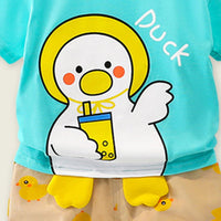 Boys Blue Short Sleeve Duck Print T-Shirt With Printed Shorts Sets   