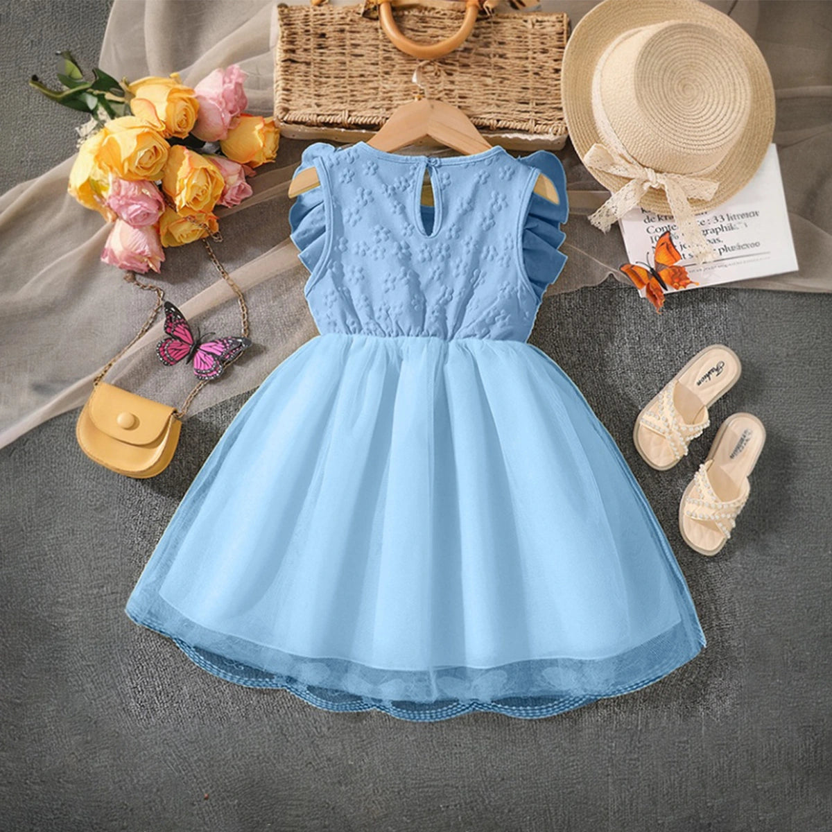 Girls Sky Blue Butterfly Applique Flutter Sleeve Fit & Flare Party Dress Party Dresses
